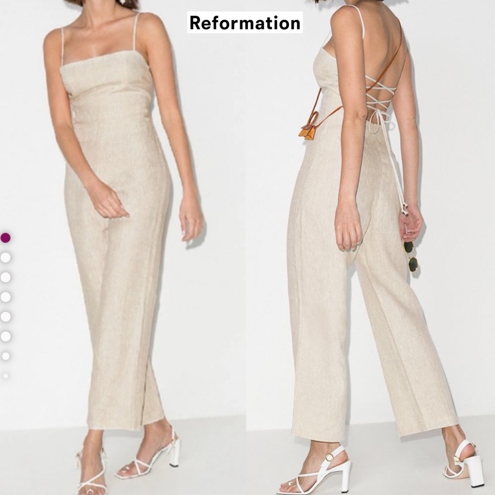 Reformation Huntington Open Back Linen Jumpsuit 12 Oatmeal Wide Leg Lace Up - Picture 3 of 16